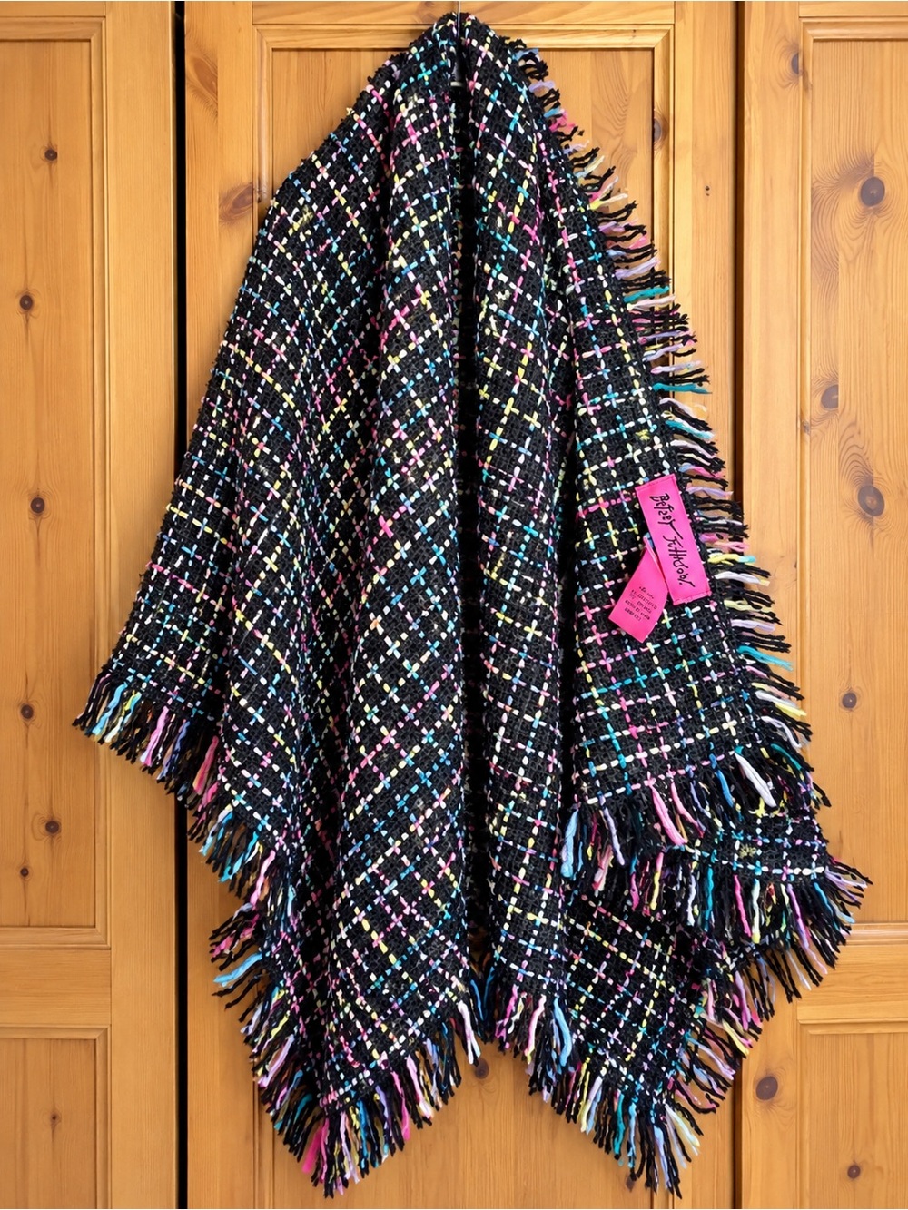 Betsey Johnson Black Multicolor Plaid Fringe Throw